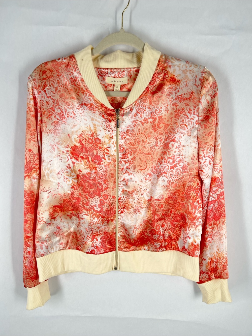 Adiva NWT Orange Lace Print Satin Bomber Jacket Size Medium
